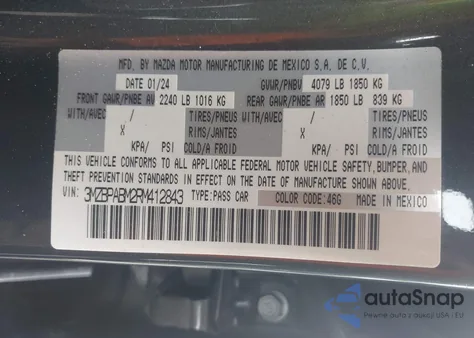 2024 Mazda Mazda3 2.5 S Select Sport z USA, uszkodzony, nr VIN 3MZBPABM2RM412843